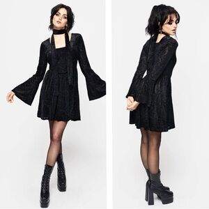 Distrurbia Woman Black Velvet Corset Bell Sleeve Mini Dress US4 Whimsigoth Goth